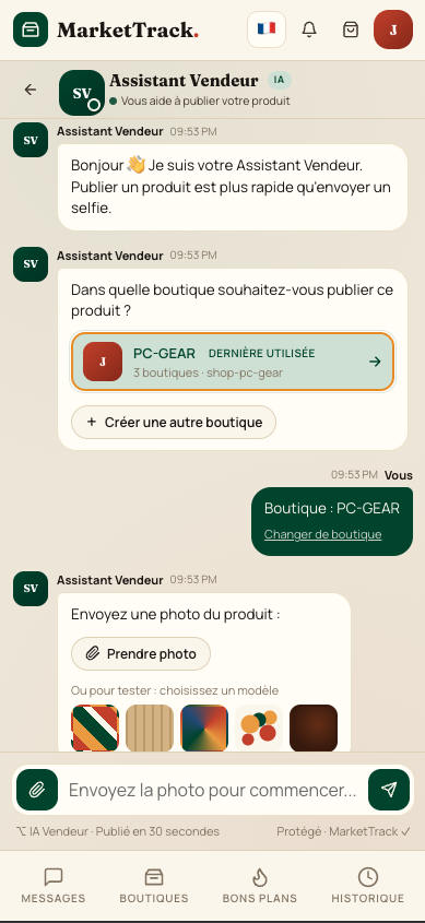 Assistant Vendeur — publier un produit en chat