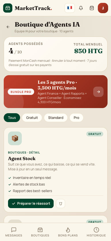 Boutique d'Agents IA avec tarifs et Bundle Pro